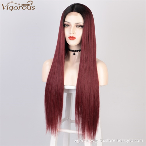 Vigorous High Temperature Ombre Red Lace Middle Part Wigs Long Silky Straight Wigs For White Women Wholesale